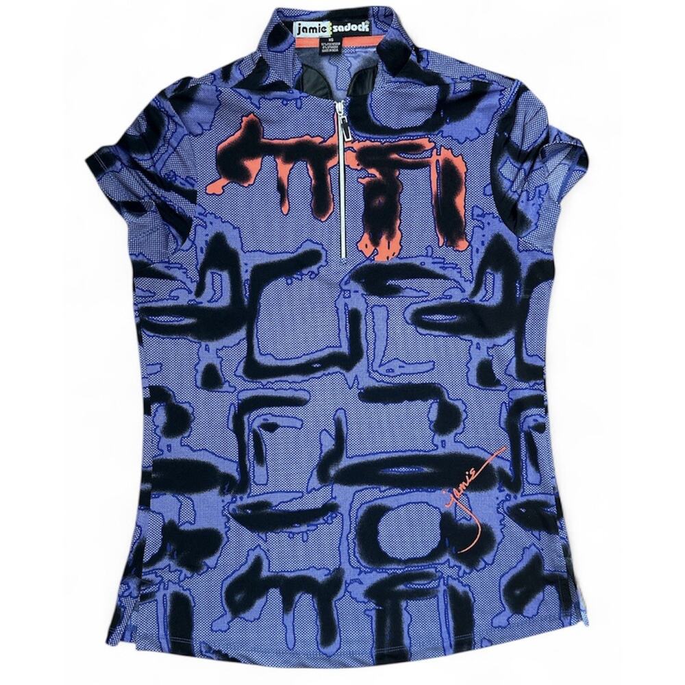 Jamie Sadock Women’s XS Short Sleeve Shirt Purple Abstract Signed 1/4 Zip Golf